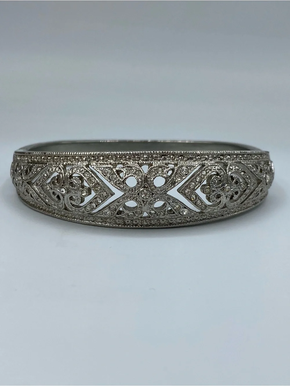 Vintage Ornate Silver Tone Filigree Bracelet With Pave Crystal Accents and Clasp